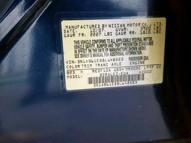 3N1AB61E88L648523 - 2008 NISSAN SENTRA 2.0 BLUE photo 10