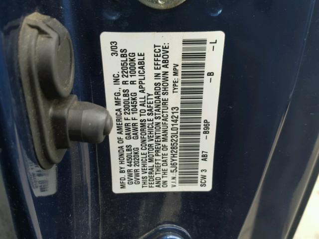 5J6YH28523L014213 - 2003 HONDA ELEMENT EX BLUE photo 10