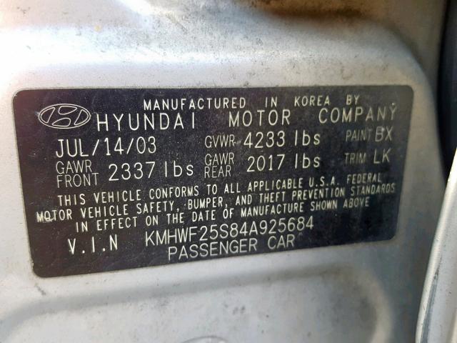 KMHWF25S84A925684 - 2004 HYUNDAI SONATA GL SILVER photo 10