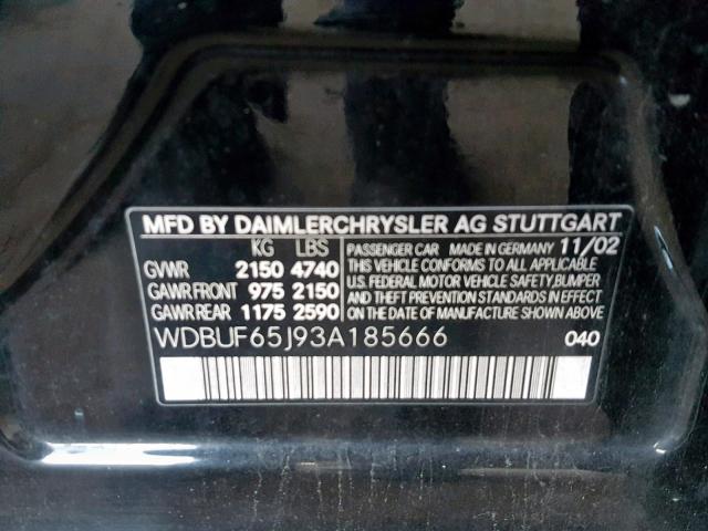 WDBUF65J93A185666 - 2003 MERCEDES-BENZ E 320 BLACK photo 10