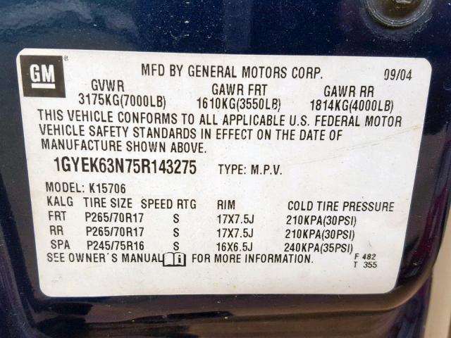 1GYEK63N75R143275 - 2005 CADILLAC ESCALADE L BLUE photo 10