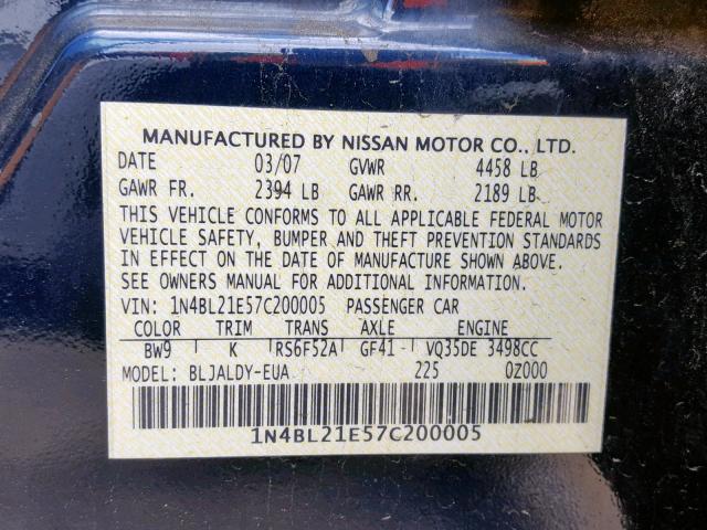 1N4BL21E57C200005 - 2007 NISSAN ALTIMA 3.5 BLUE photo 10