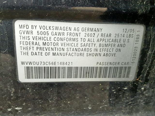 WVWDU73C56E148421 - 2006 VOLKSWAGEN PASSAT 3.6 BLACK photo 10