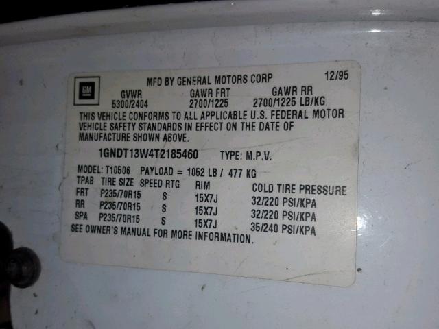 1GNDT13W4T2185460 - 1996 CHEVROLET BLAZER WHITE photo 10