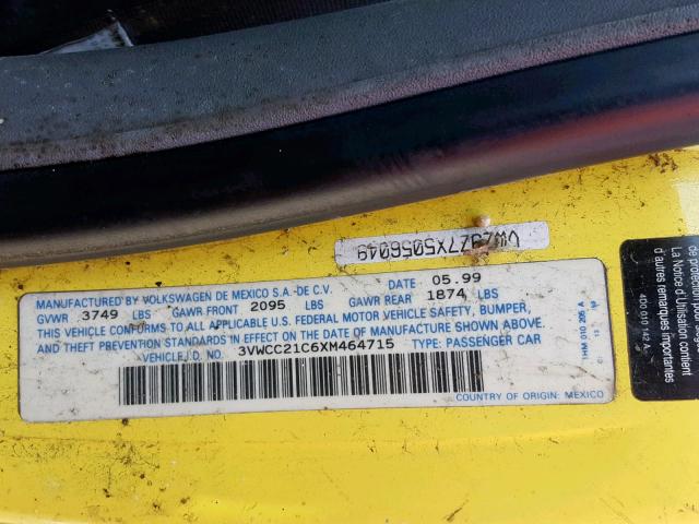 3VWCC21C6XM464715 - 1999 VOLKSWAGEN NEW BEETLE Gelb Foto 10