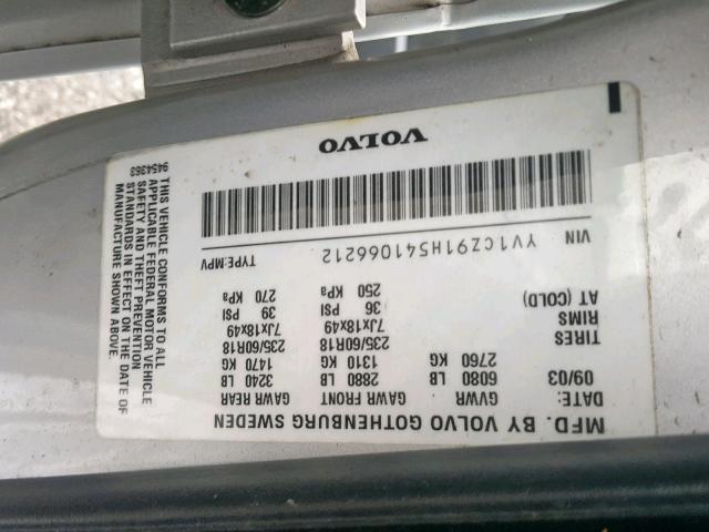 YV1CZ91H541066212 - 2004 VOLVO XC90 T6 SILVER photo 10