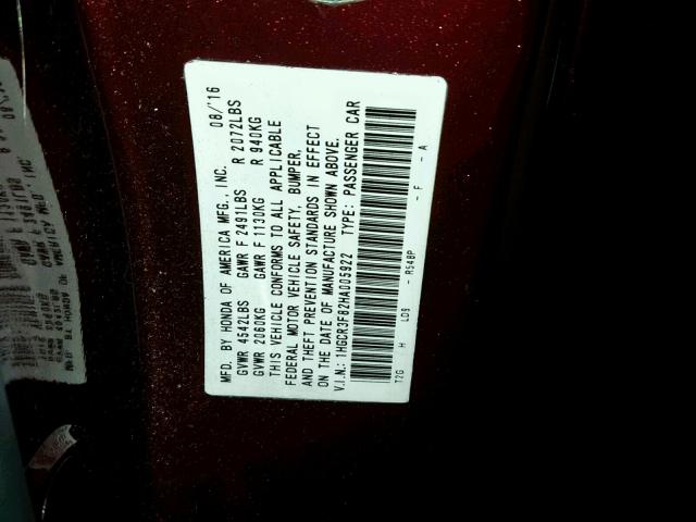 1HGCR3F82HA005922 - 2017 HONDA ACCORD EXL MAROON photo 10