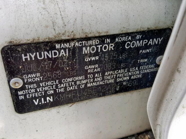 KMHFU45E12A217169 - 2002 HYUNDAI XG 350 WHITE photo 10