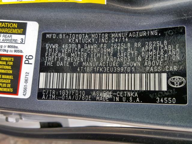 4T1BF1FK3EU399701 - 2014 TOYOTA CAMRY L GRAY photo 10