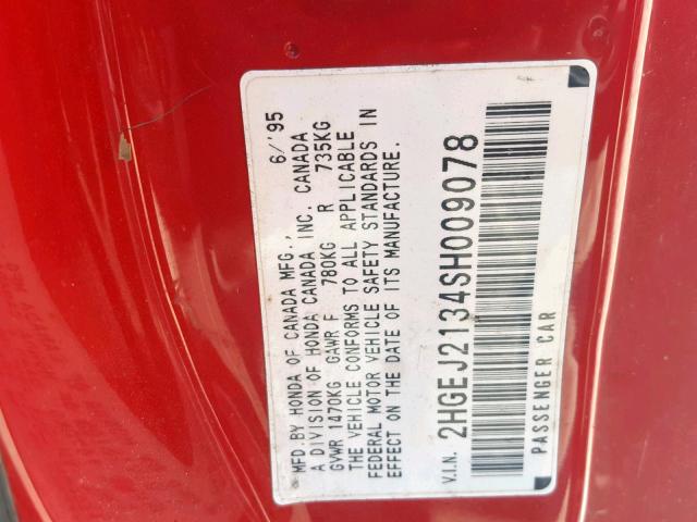 2HGEJ2134SH009078 - 1995 HONDA CIVIC DX S RED photo 10