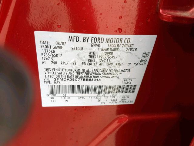 2FMDK38C77BB58318 - 2007 FORD EDGE SEL RED photo 10