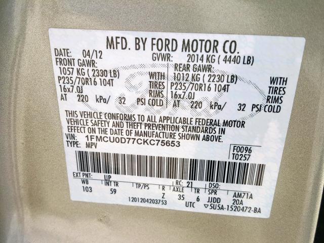 1FMCU0D77CKC75653 - 2012 FORD ESCAPE XLT GOLD photo 10