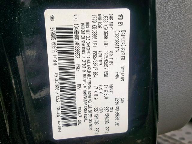 1D4HB48D14F220653 - 2004 DODGE DURANGO SL BLACK photo 10