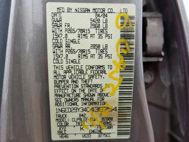 1N6ED29Y34C438754 - 2004 NISSAN FRONTIER C TAN photo 10