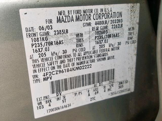 4F2CZ96184KM02222 - 2004 MAZDA TRIBUTE ES 绿色 照片 10