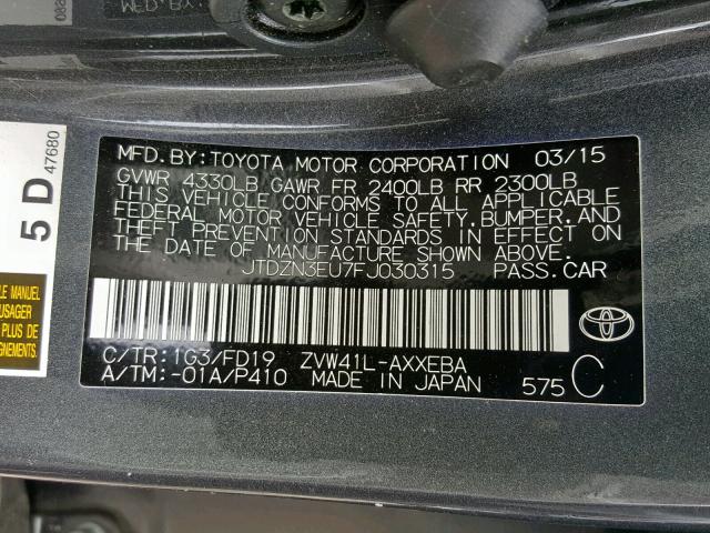 JTDZN3EU7FJ030315 - 2015 TOYOTA PRIUS V GRAY photo 10