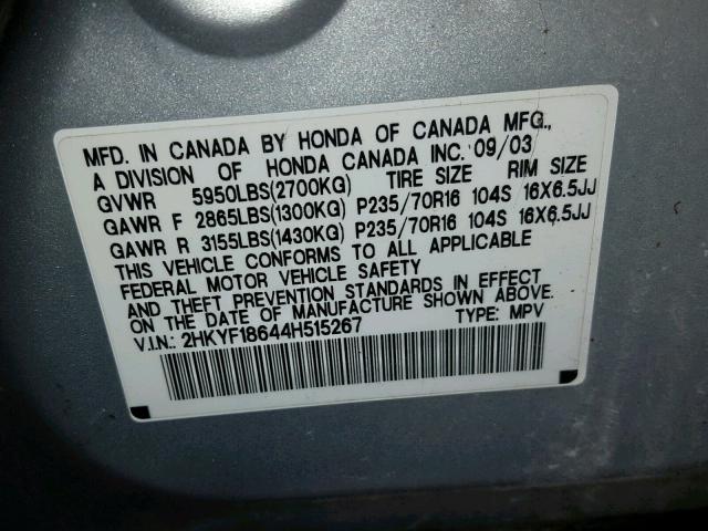 2HKYF18644H515267 - 2004 HONDA PILOT EXL SILVER photo 10