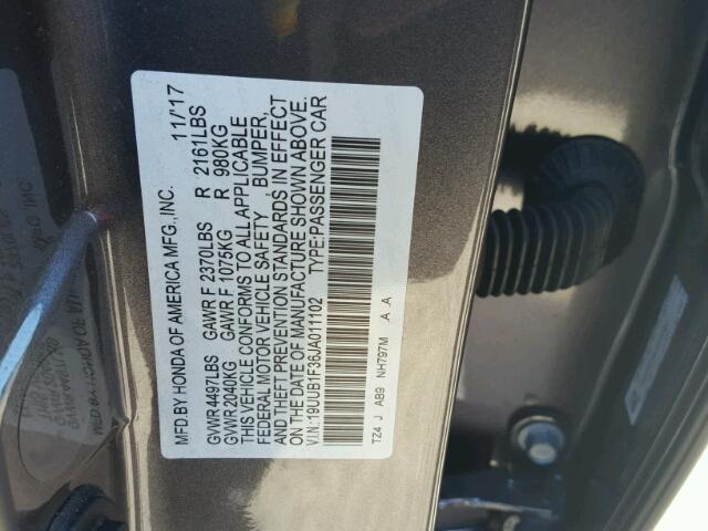 19UUB1F36JA011102 - 2018 ACURA TLX GRAY photo 10