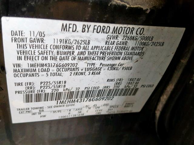 1MEHM43176G609202 - 2006 MERCURY MONTEGO PR 黑色 照片 10