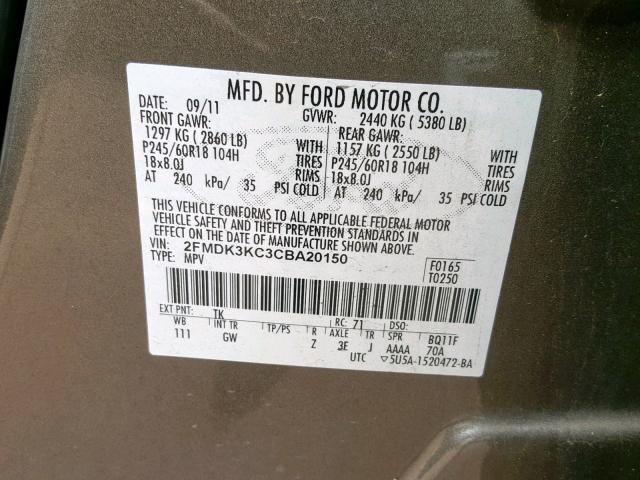 2FMDK3KC3CBA20150 - 2012 FORD EDGE LIMIT BROWN photo 10