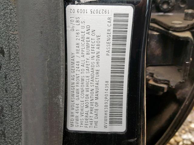 WVWRH63B92P014358 - 2002 VOLKSWAGEN PASSAT GLX BLACK photo 10