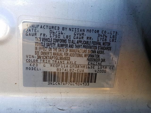 3N1CN7AP7GL904933 - 2016 NISSAN VERSA S  photo 10