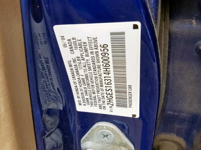 2HGES16314H600956 - 2004 HONDA CIVIC DX V BLUE photo 10