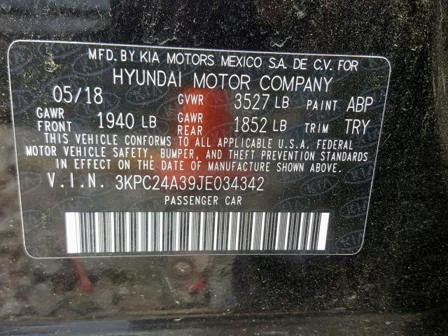 3KPC24A39JE034342 - 2018 HYUNDAI ACCENT SE BLACK photo 10