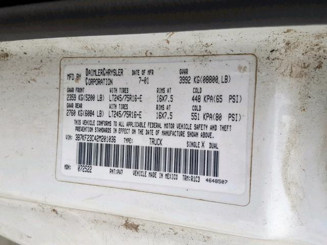 3B7KF23C42M201036 - 2002 DODGE RAM 2500 WHITE photo 10