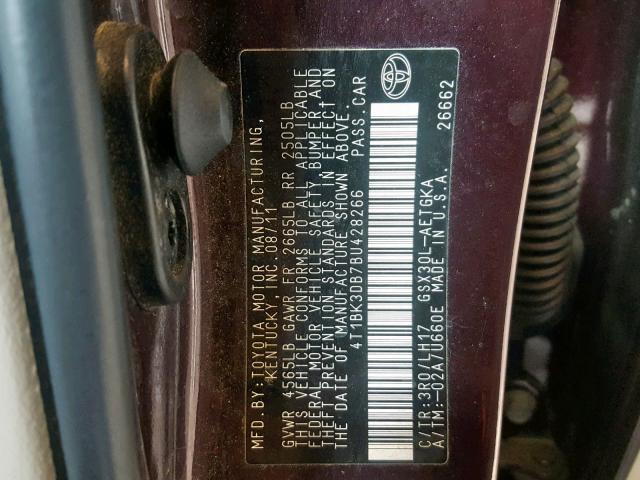 4T1BK3DB7BU428266 - 2011 TOYOTA AVALON BAS BURGUNDY photo 10