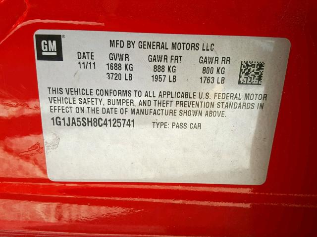 1G1JA5SH8C4125741 - 2012 CHEVROLET SONIC LS 红色 照片 10