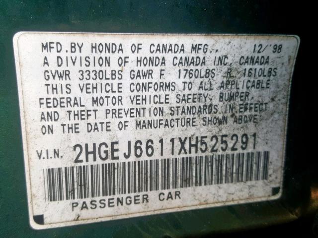 2HGEJ6611XH525291 - 1999 HONDA CIVIC BASE GREEN photo 10