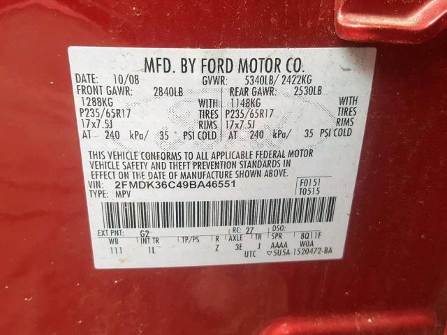 2FMDK36C49BA46551 - 2009 FORD EDGE SE RED photo 10