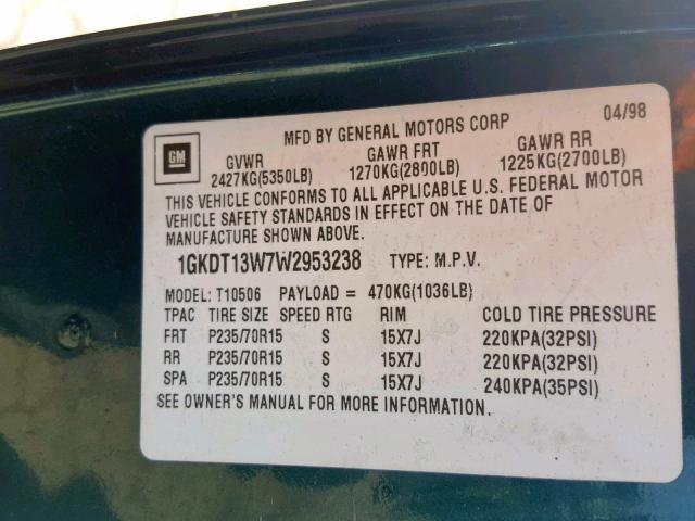 1GKDT13W7W2953238 - 1998 GMC ENVOY GREEN photo 10