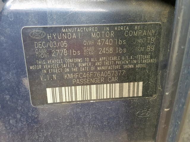 KMHFC46F76A057377 - 2006 HYUNDAI AZERA SE BLUE photo 10