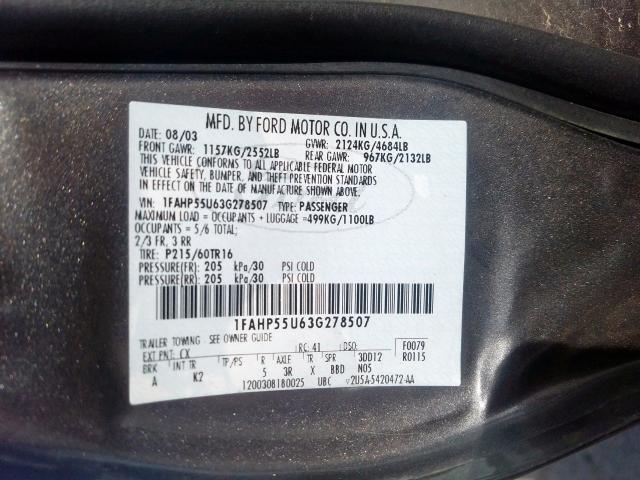 1FAHP55U63G278507 - 2003 FORD TAURUS SES  photo 10