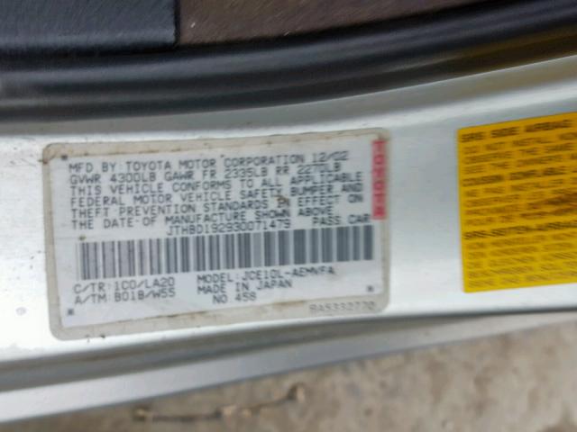 JTHBD192930071479 - 2003 LEXUS IS 300 SILVER photo 10