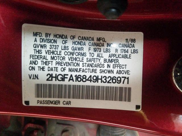 2HGFA16849H326971 - 2009 HONDA CIVIC EX  photo 10