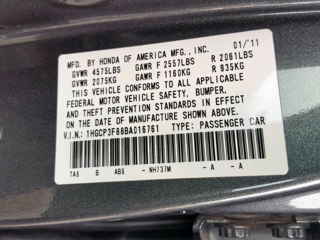 1HGCP3F88BA016761 - 2011 HONDA ACCORD EXL GRAY photo 10