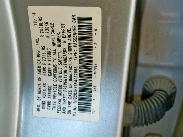 1HGCR2F85FA037593 - 2015 HONDA ACCORD EXL SILVER photo 10