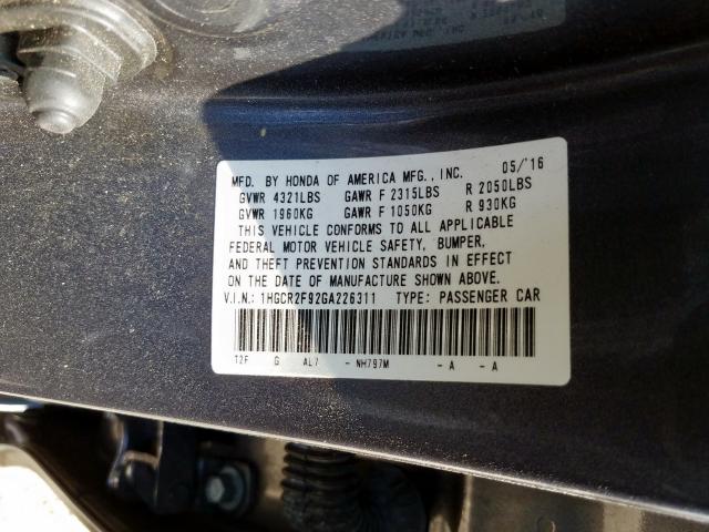 1HGCR2F92GA226311 - 2016 HONDA ACCORD EXL  photo 10