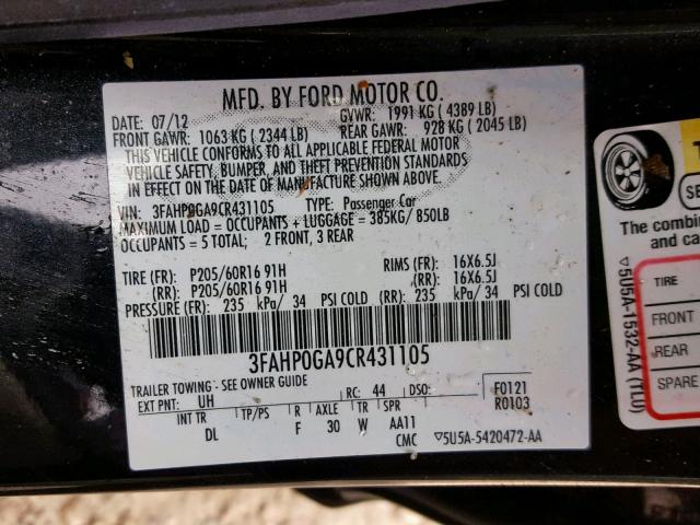 3FAHP0GA9CR431105 - 2012 FORD FUSION S BLACK photo 10