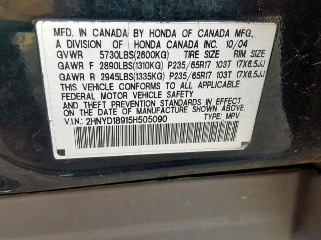 2HNYD18915H505090 - 2005 ACURA MDX TOURIN BLACK photo 10