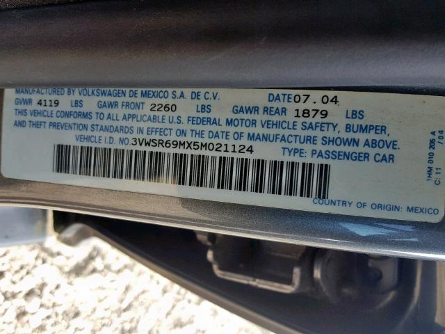 3VWSR69MX5M021124 - 2005 VOLKSWAGEN JETTA GLS GRAY photo 10