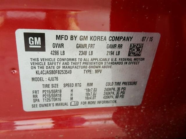 KL4CJASB0FB253549 - 2015 BUICK ENCORE RED photo 10