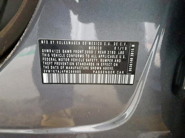 3VW1K7AJ4FM286985 - 2015 VOLKSWAGEN JETTA BASE 灰色 照片 10