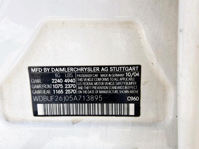 WDBUF26J05A713895 - 2005 MERCEDES-BENZ E 320 CDI WHITE photo 10