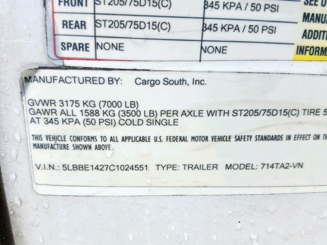 5LBBE1427C1024551 - 2012 CARGO TRAILER WHITE photo 10