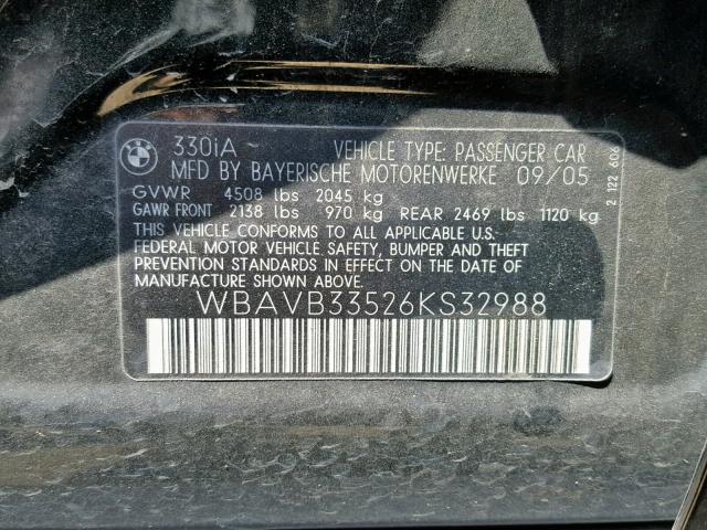 WBAVB33526KS32988 - 2006 BMW 330 I BLACK photo 10