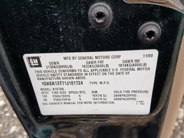 1GKEK13T71J181724 - 2001 GMC YUKON GREEN photo 10